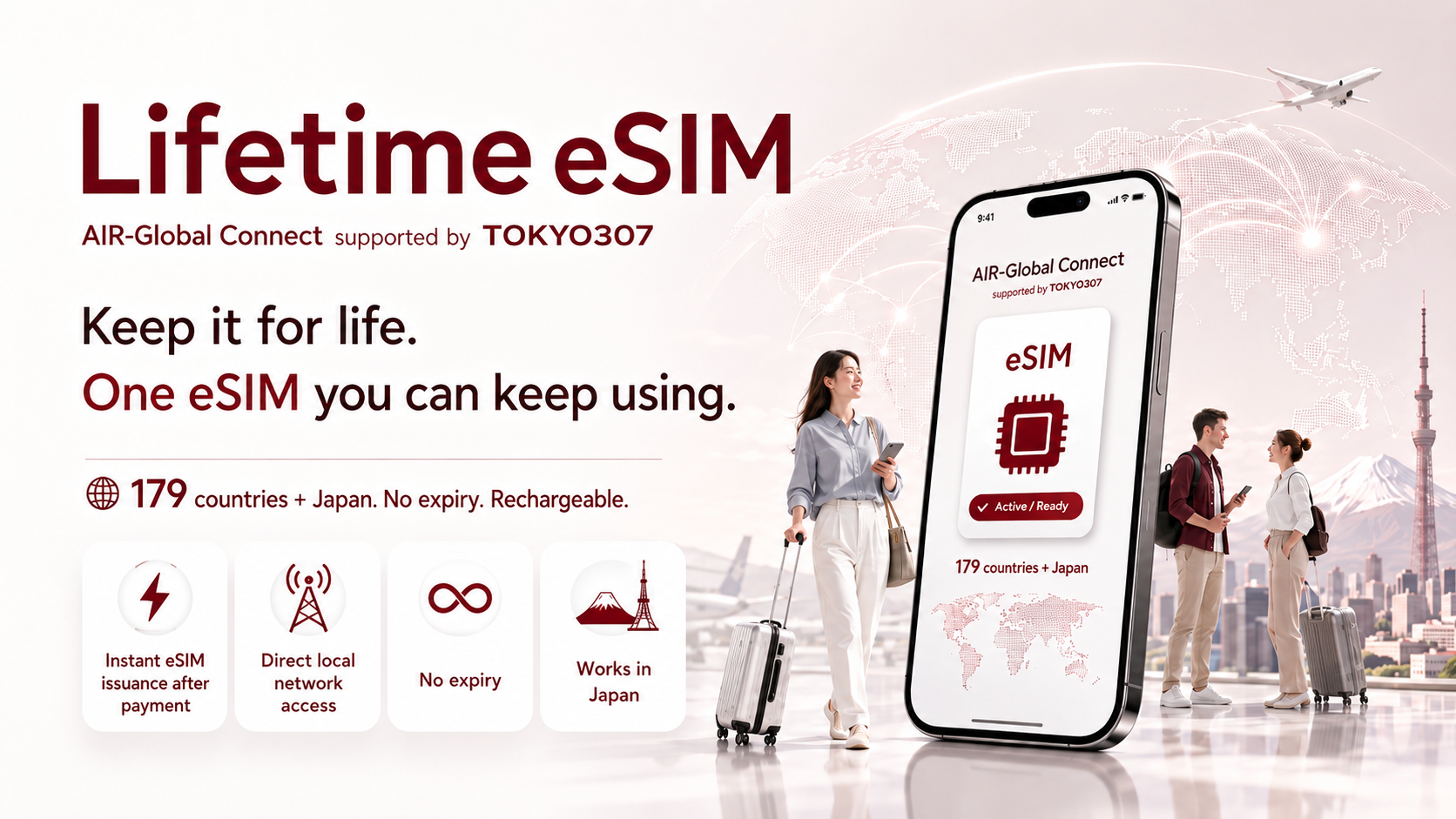 Lifetime eSIM, AIR-Global Connect supported by TOKYO307